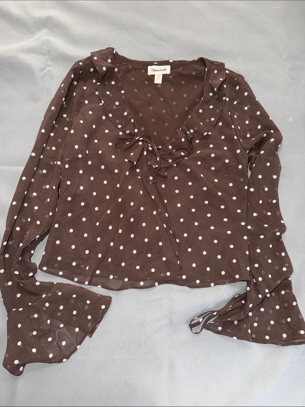 Brown Polka Dot Ruffle Tie-Neck Blouse